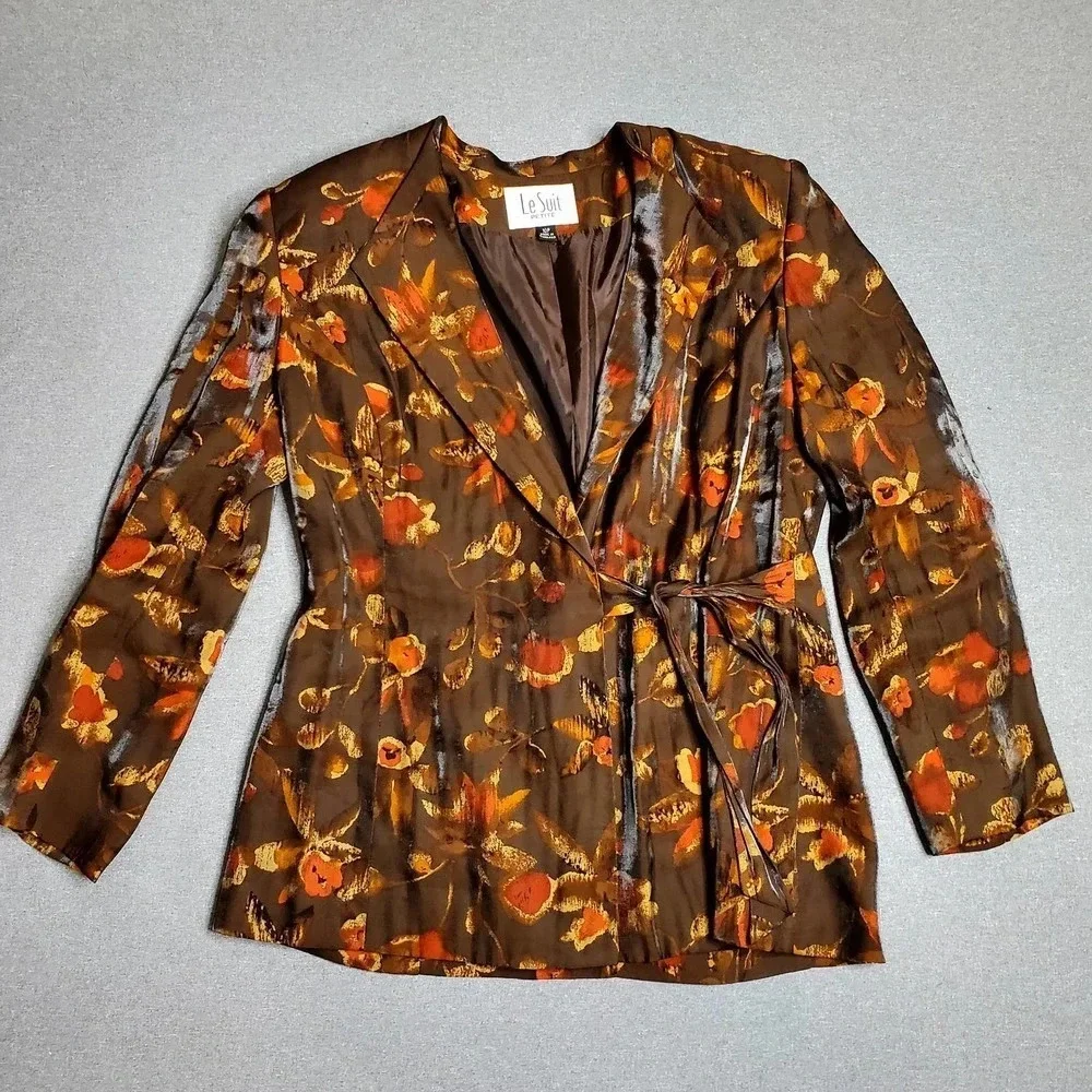Le Suit Petite Brown Leaf Print 2-Piece Set